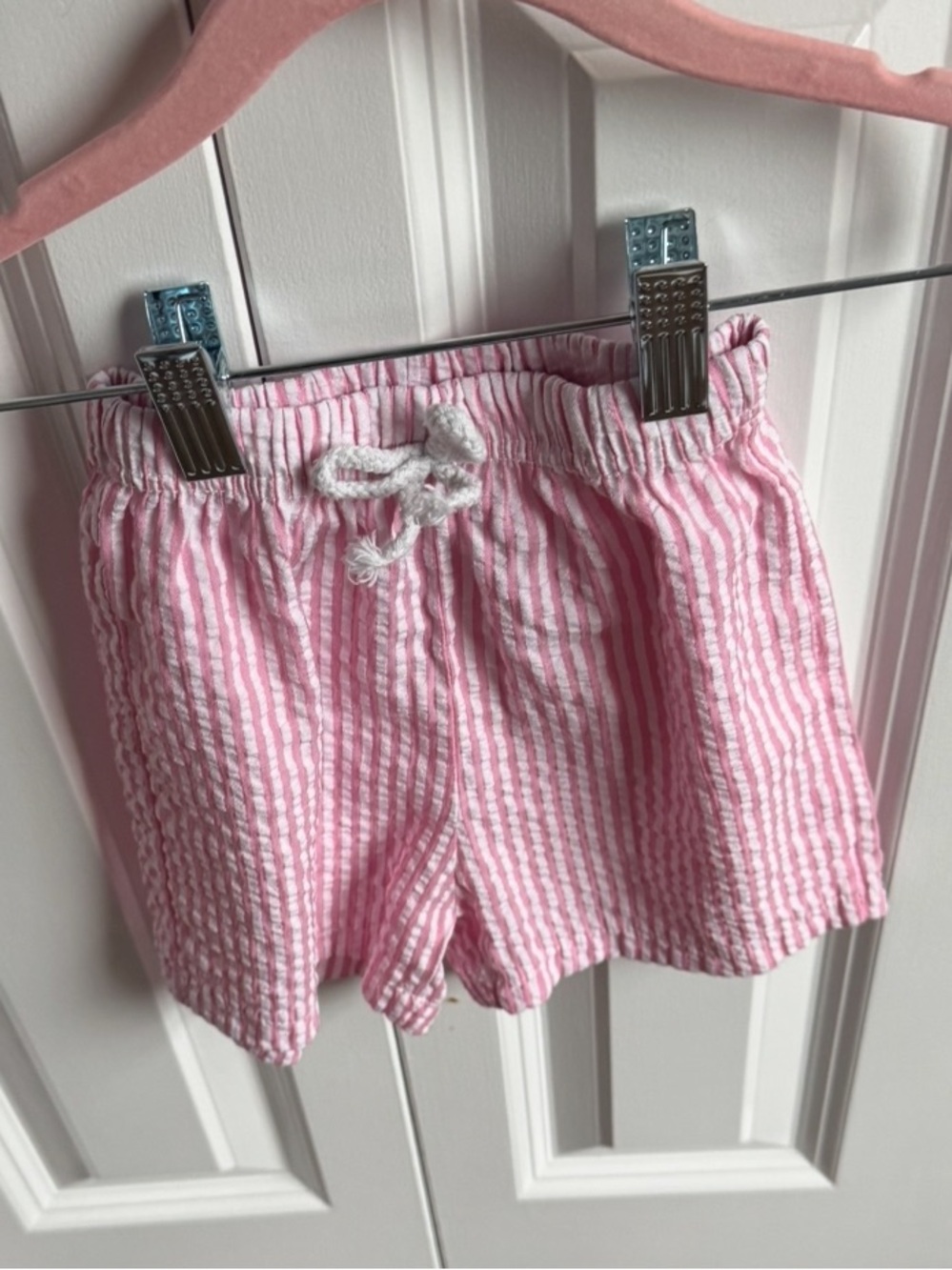Terry Seersucker Pink Stripe Baby Girl Swim Hooded Terry Cover Up Shorts Top Set - Picture 10 of 11